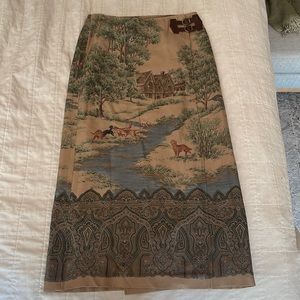 Vintage Ralph Lauren midi skirt with hunting scene and cottage & dogs (size 10)